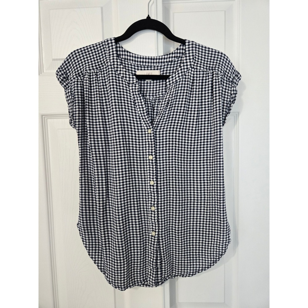 LOFT  Gingham Check Plaid Short Sleeve Button Front Blouse Small